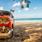 American classic car on the beach Cayo Jutias, Province Pinar del Rio, Cuba