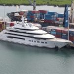 A screen grab from a drone video footage shows a Russian-owned superyacht ‘Amadea’ docked at Queens Wharf in Lautoka