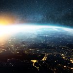 Amazing beautiful blue planet earth with a beautiful orange suns